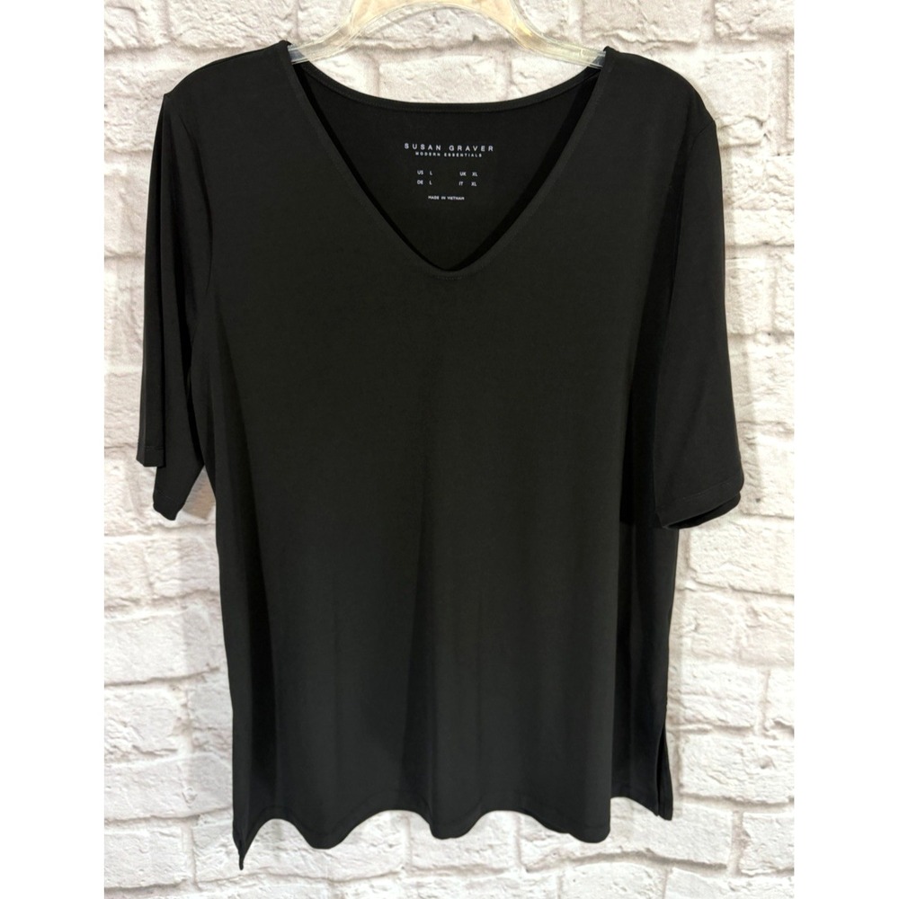 Susan Graver Modern Essentials Liquid Knit V Neck Tunic Top Large Black